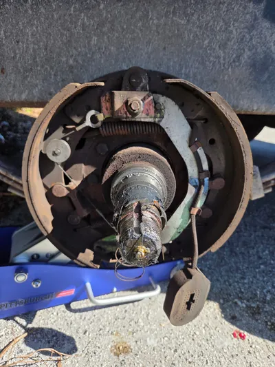 The hub pulled off to expose the brake backing plate, shoes and adjuster, with the bare spindle and dirty old grease still on it
