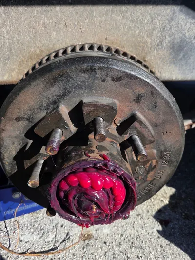The same spindle and bearing repacked with fresh grease, bright against the brake drum and wheel studs