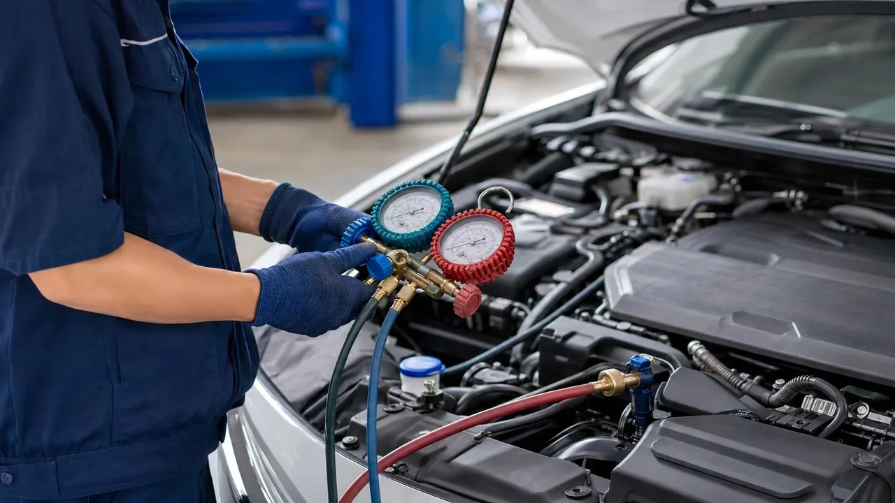 Air conditioning manifold gauge set connected to the service ports in a car's engine bay during a recharge, with the hood propped open outdoors
