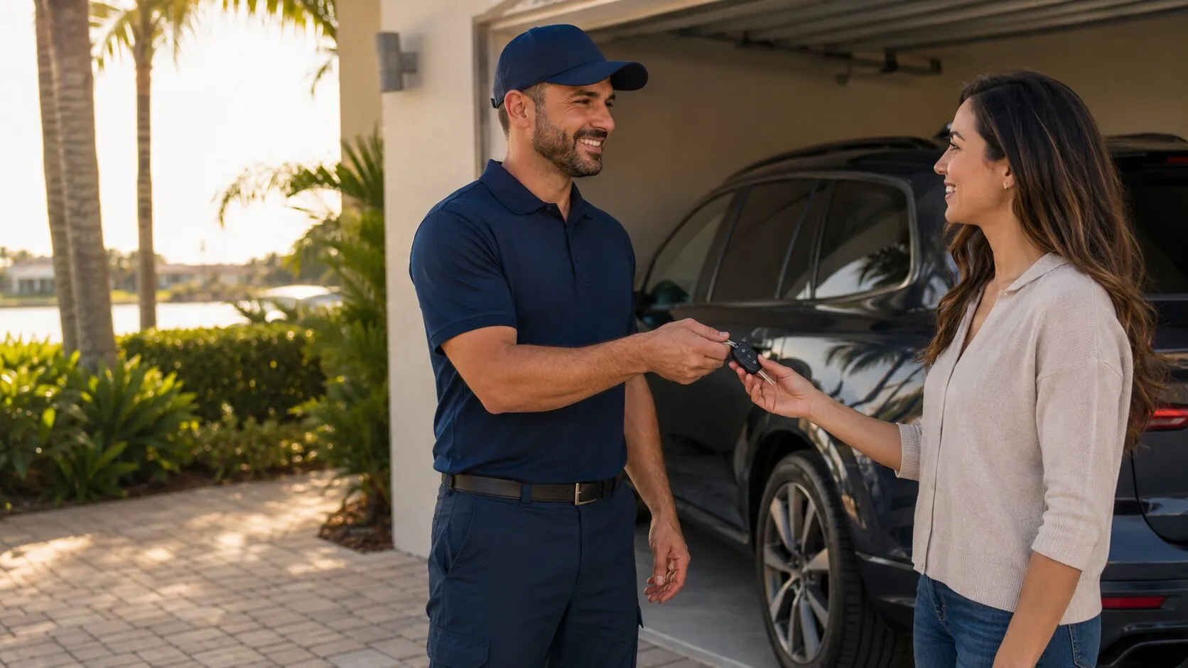 A mechanic talking with a customer beside a car