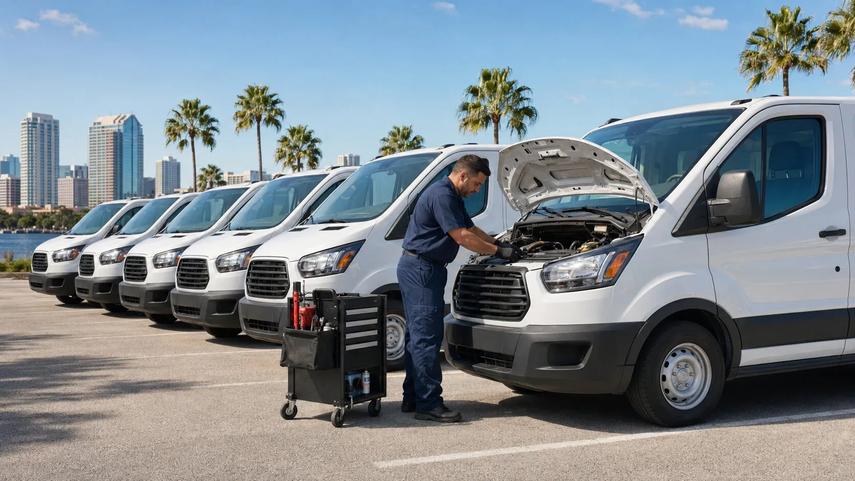 Row of white work vans parked at a yard while a technician services one of them