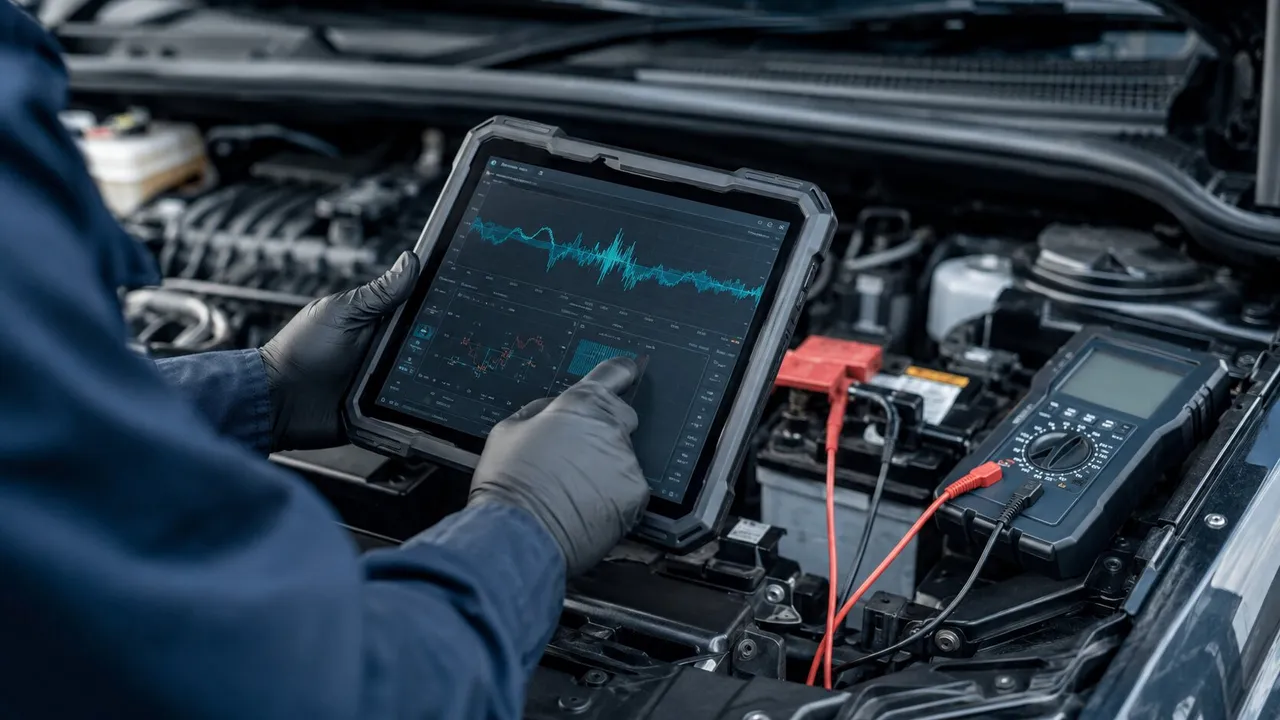 Technician holding a diagnostic scan tool connected under the dashboard of a car parked outside, reading live engine data from the driver's seat