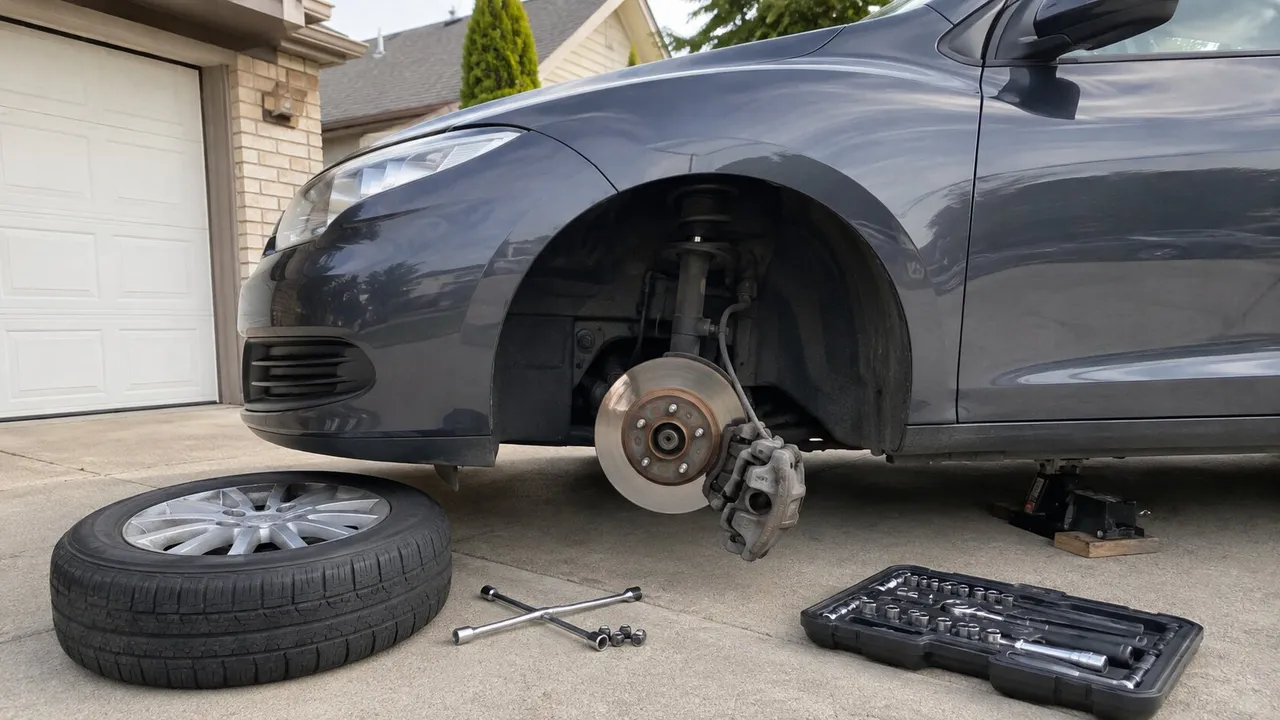 Front wheel off a car in a residential driveway, exposing the brake rotor and caliper, with the wheel, lug wrench and socket set laid out on the pavement