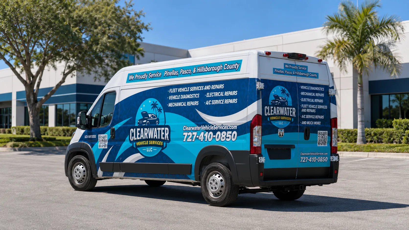 The Clearwater Vehicle Services van parked outside a commercial building, seen from behind, with the rear doors and the full side of the wrap listing fleet, diagnostic, mechanical, electrical and AC repairs