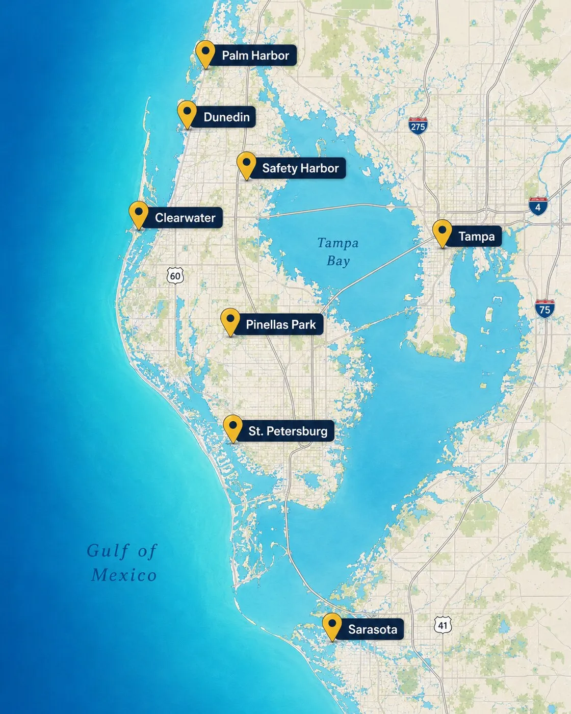 Map of the Tampa Bay service area. Pins mark Palm Harbor, Dunedin, Safety Harbor, Clearwater, Pinellas Park and St. Petersburg down the Pinellas peninsula, Tampa across Tampa Bay to the east, and Sarasota south along the Gulf coast.