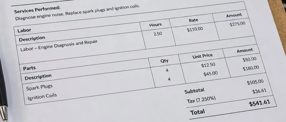 A printed repair invoice on a clipboard, itemized into labor hours, an hourly rate, two parts lines and a total