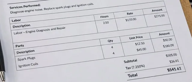 A printed repair invoice on a clipboard, itemized into labor hours, an hourly rate, two parts lines and a total